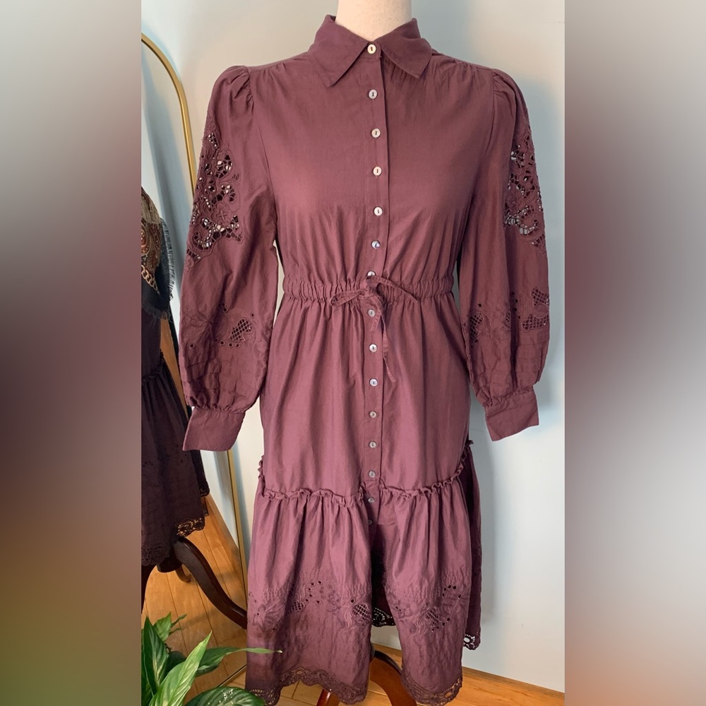 St. Roche Darcy Shirtdress Raisin Organic Cotton MIDI Pockets Cottagecore Dress - Picture 4 of 16